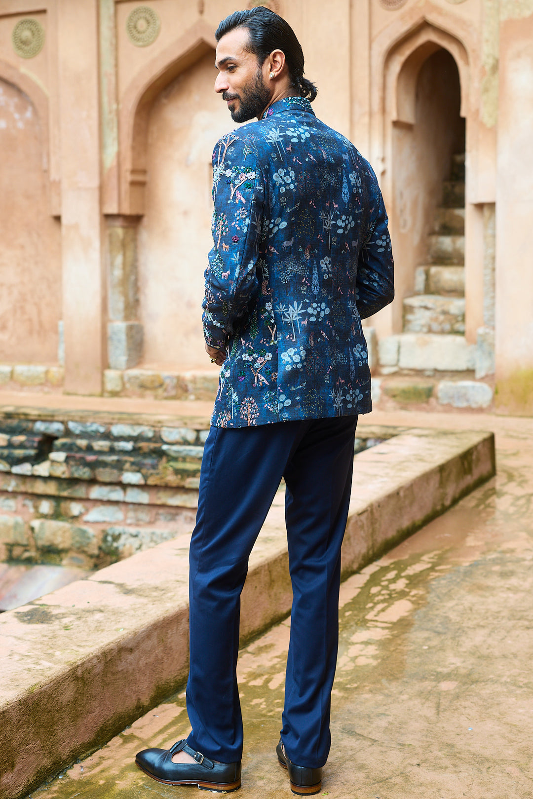 Forest Printed Silk Embroidered Bandhgala Set