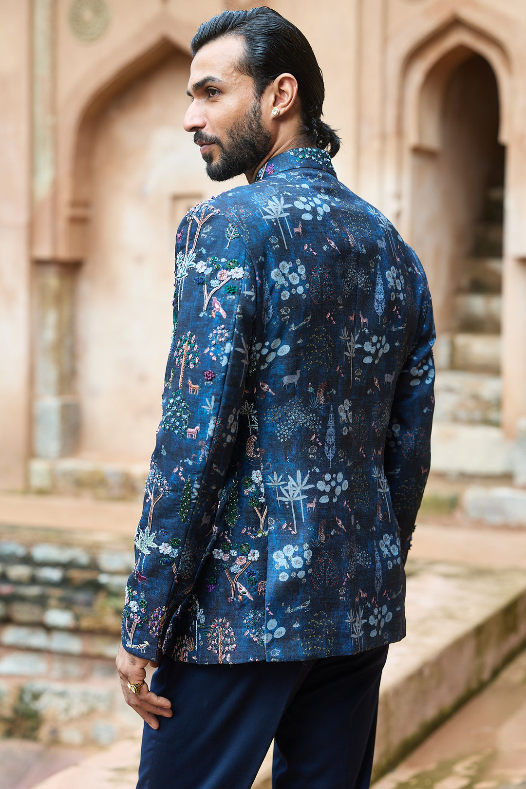 Forest Printed Silk Embroidered Bandhgala Set