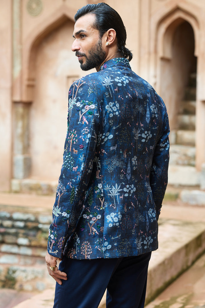 Forest Printed Silk Embroidered Bandhgala Set