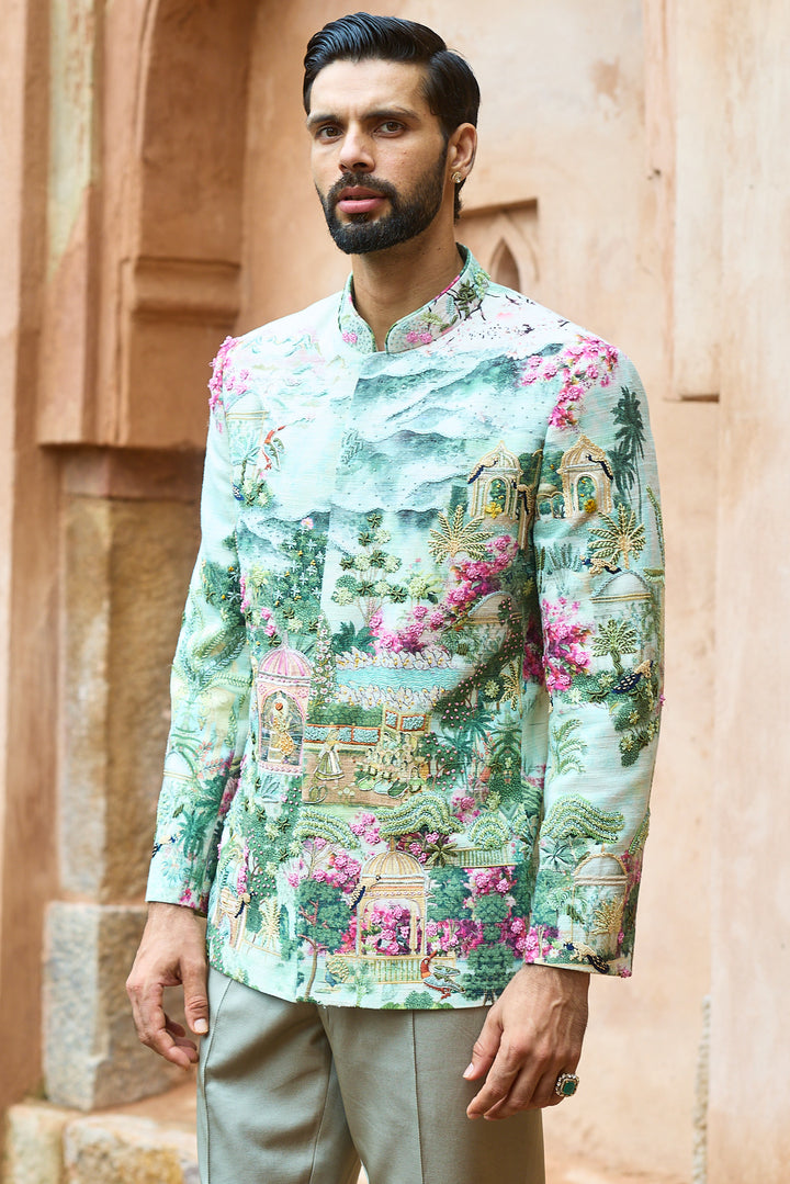 Sage Royal Matka Silk Embroidered Bandhgala Set