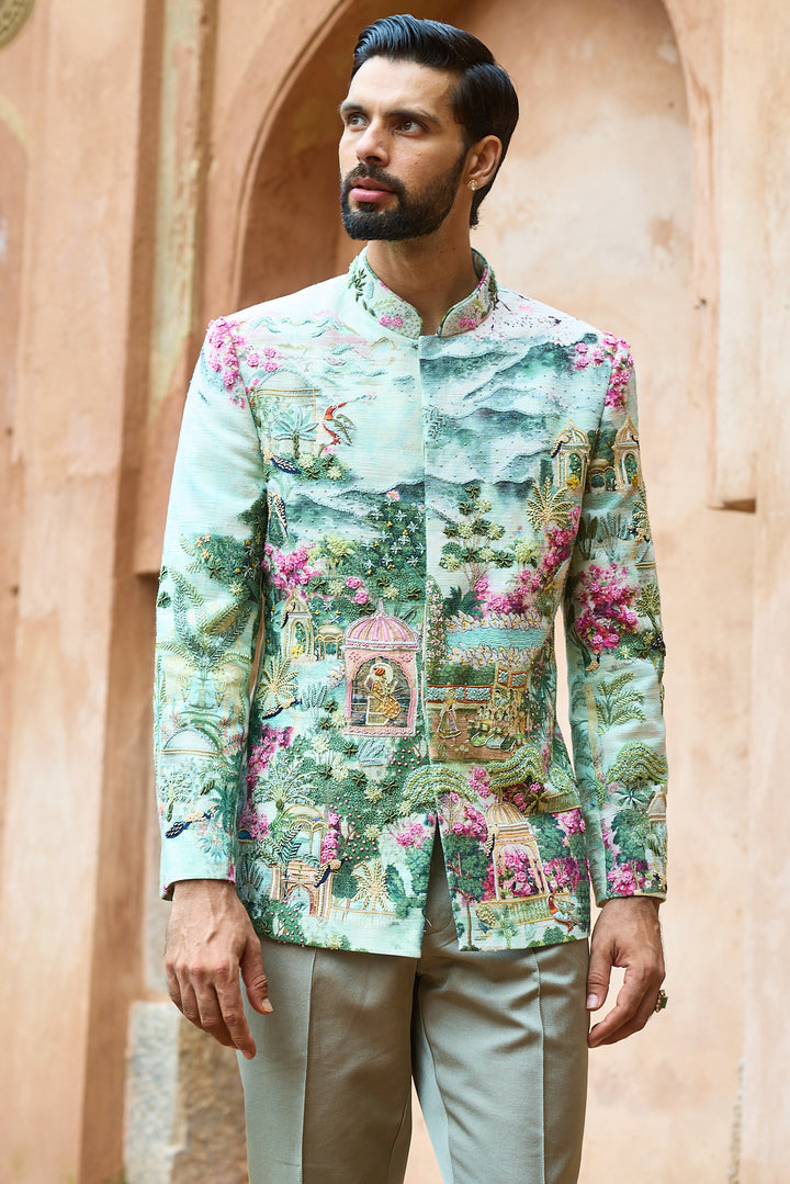 Sage Royal Matka Silk Embroidered Bandhgala Set