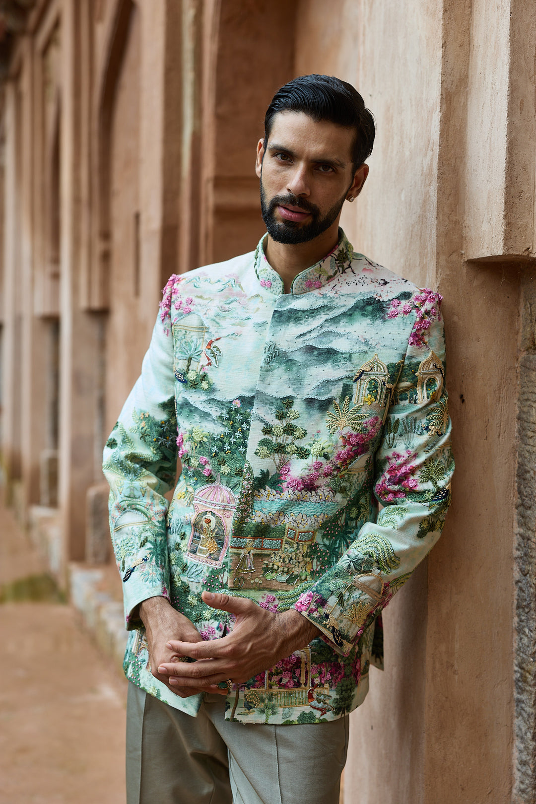 Sage Royal Matka Silk Embroidered Bandhgala Set