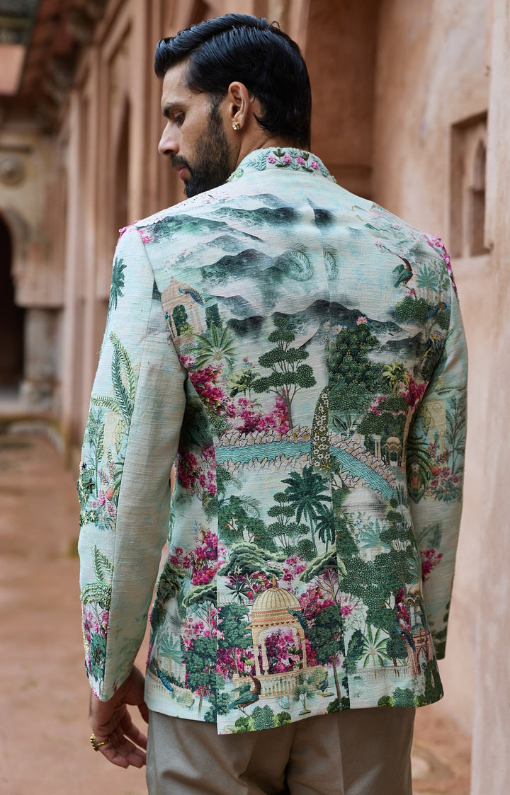 Sage Royal Matka Silk Embroidered Bandhgala Set