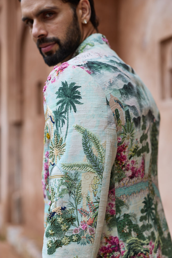 Sage Royal Matka Silk Embroidered Bandhgala Set