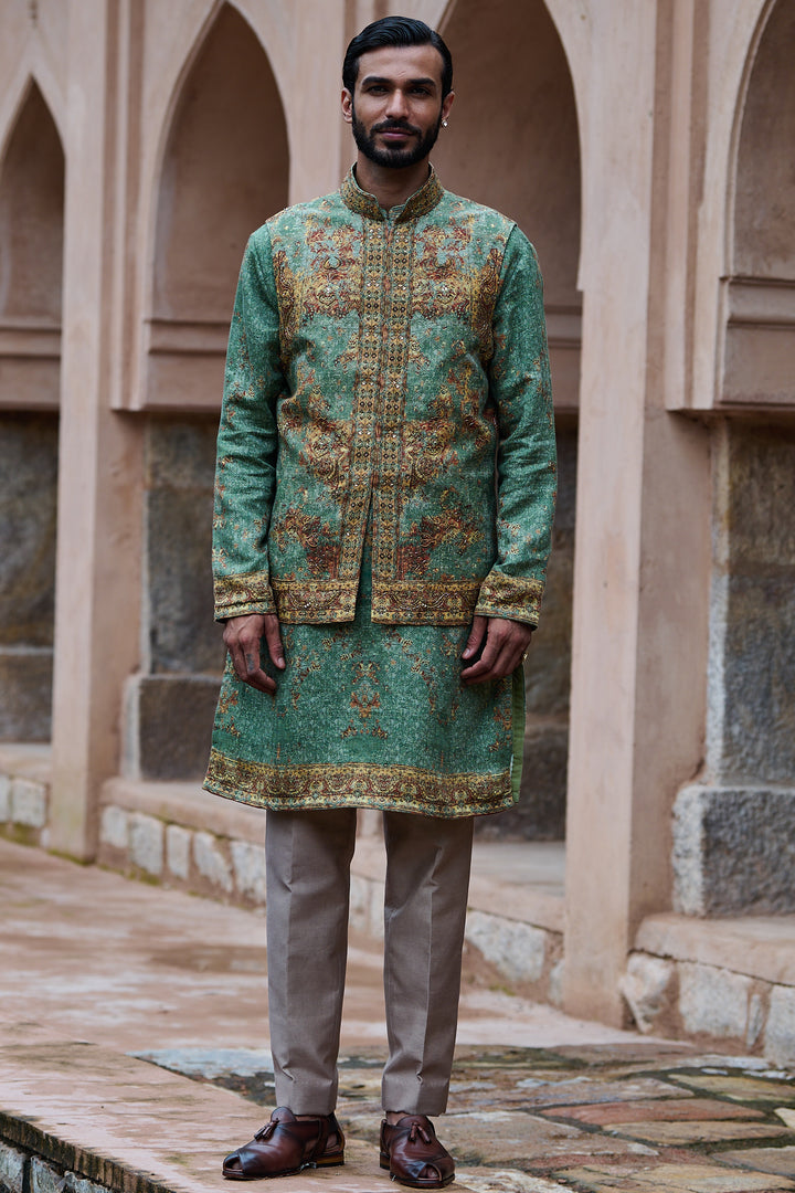 Earthy Green Printed Cotton Linen Bundi Kurta Set