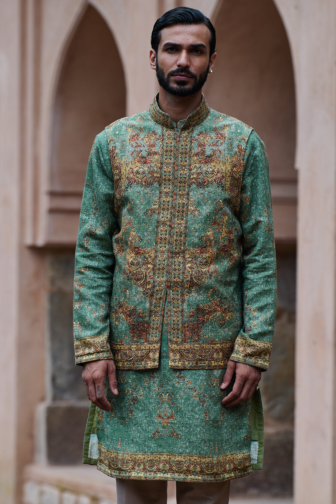 Earthy Green Printed Cotton Linen Bundi Kurta Set