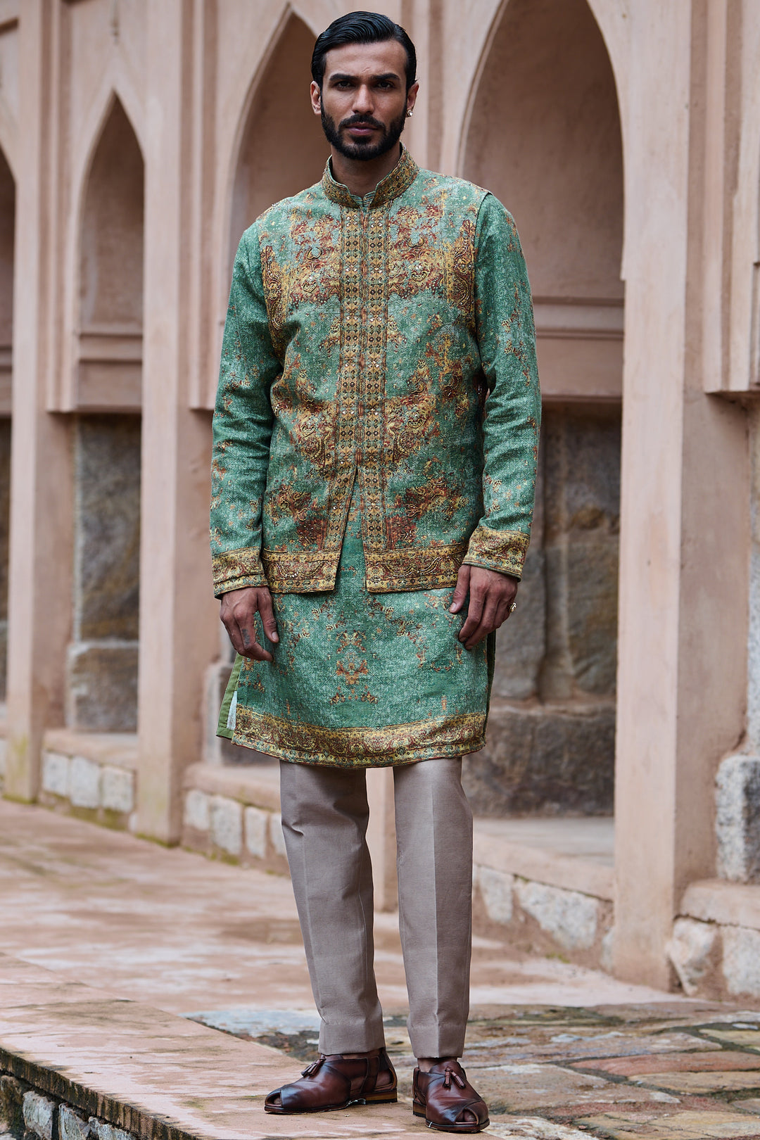 Earthy Green Printed Cotton Linen Bundi Kurta Set
