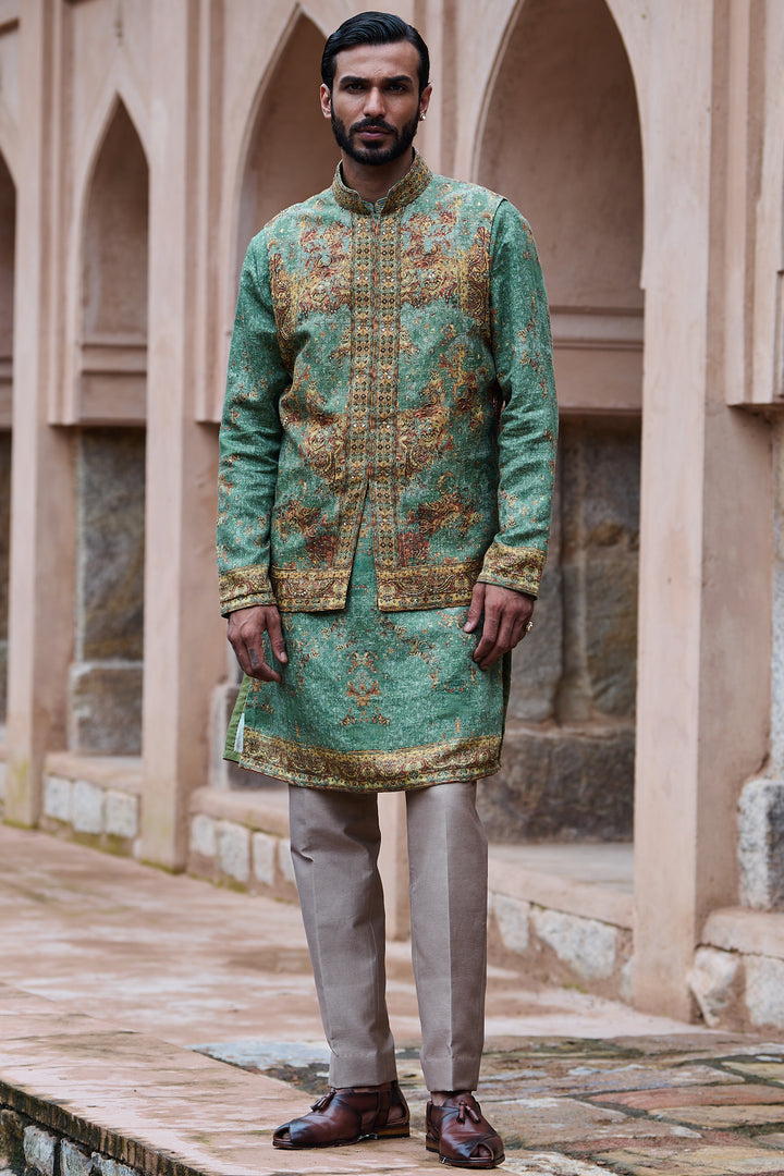 Earthy Green Printed Cotton Linen Bundi Kurta Set