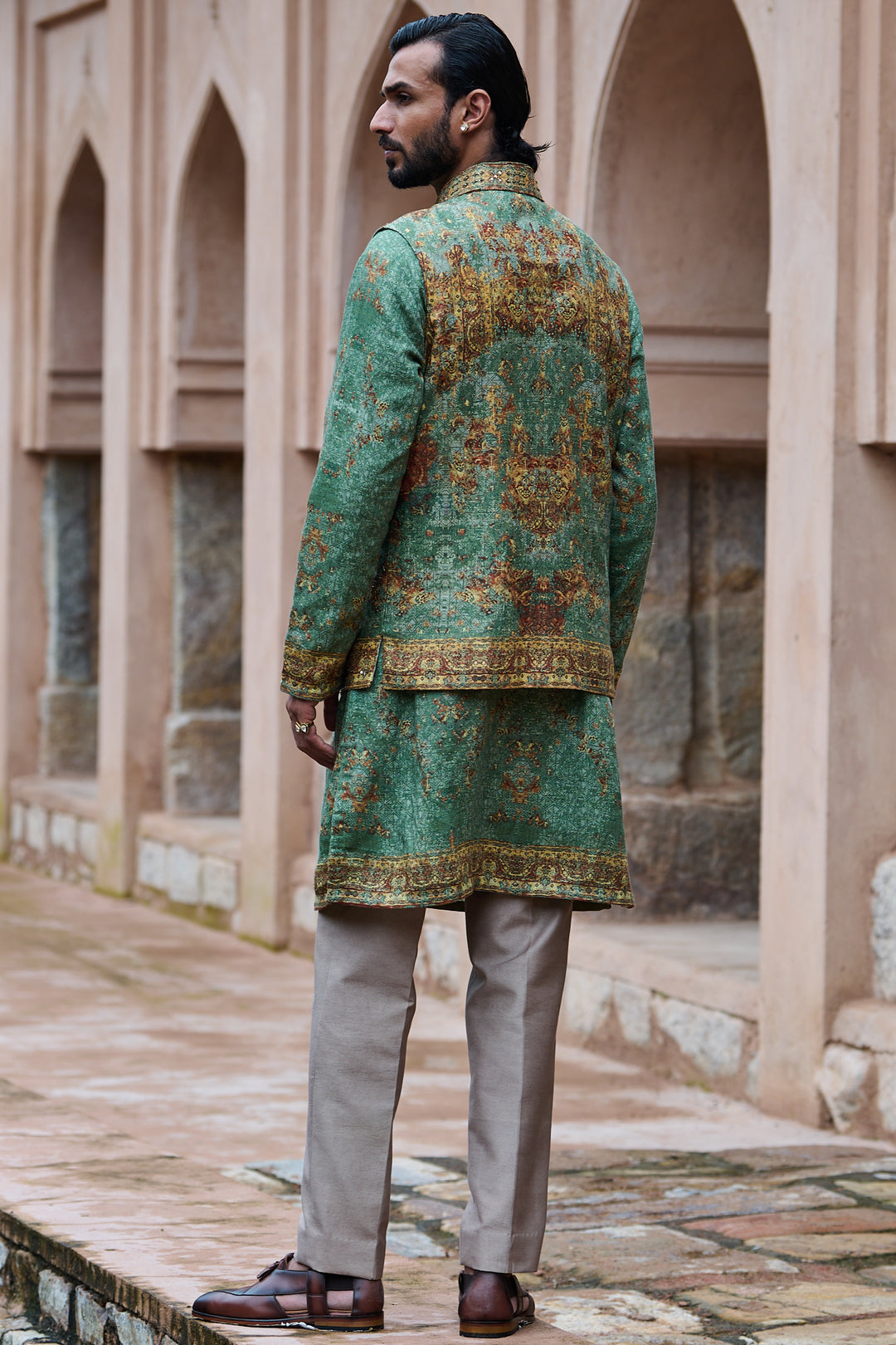 Earthy Green Printed Cotton Linen Bundi Kurta Set
