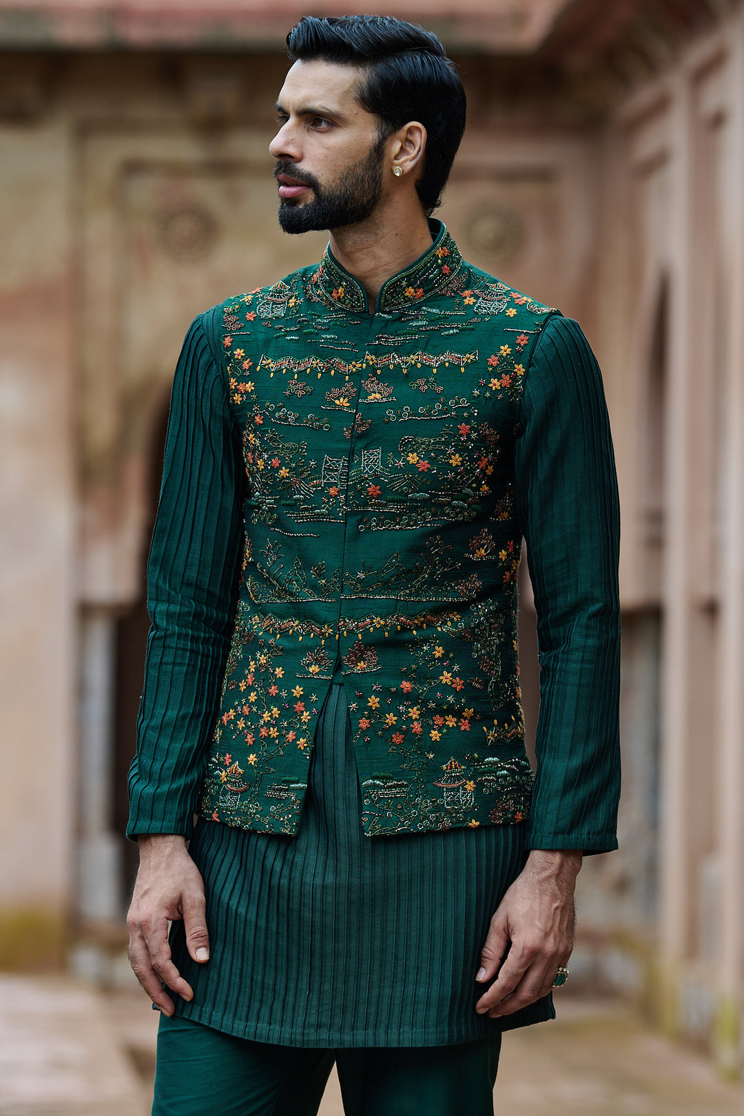 Cobalt Green Floral Raw Silk Bundi Kurta Set