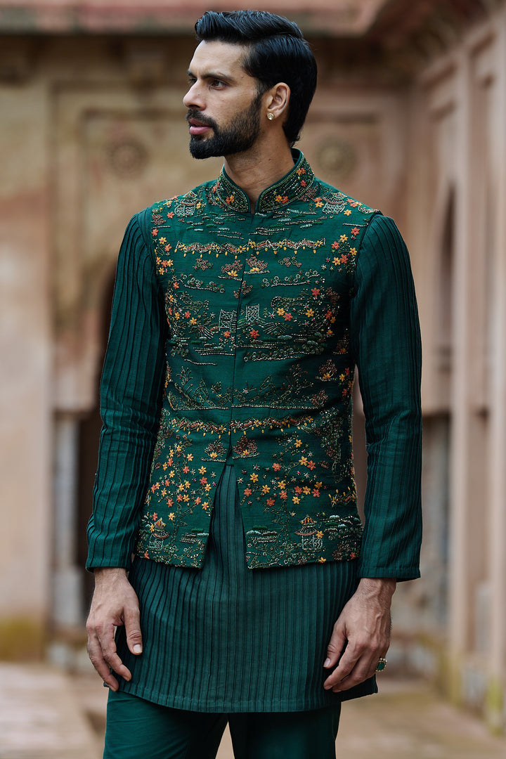 Cobalt Green Floral Raw Silk Bundi Kurta Set