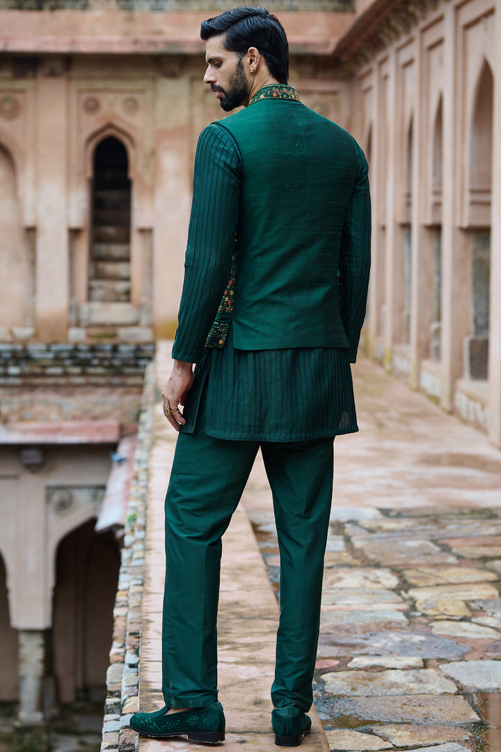 Cobalt Green Floral Raw Silk Bundi Kurta Set