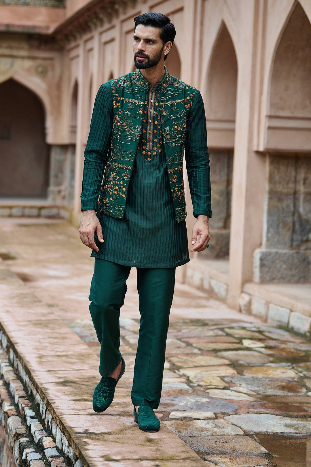 Cobalt Green Floral Raw Silk Bundi Kurta Set