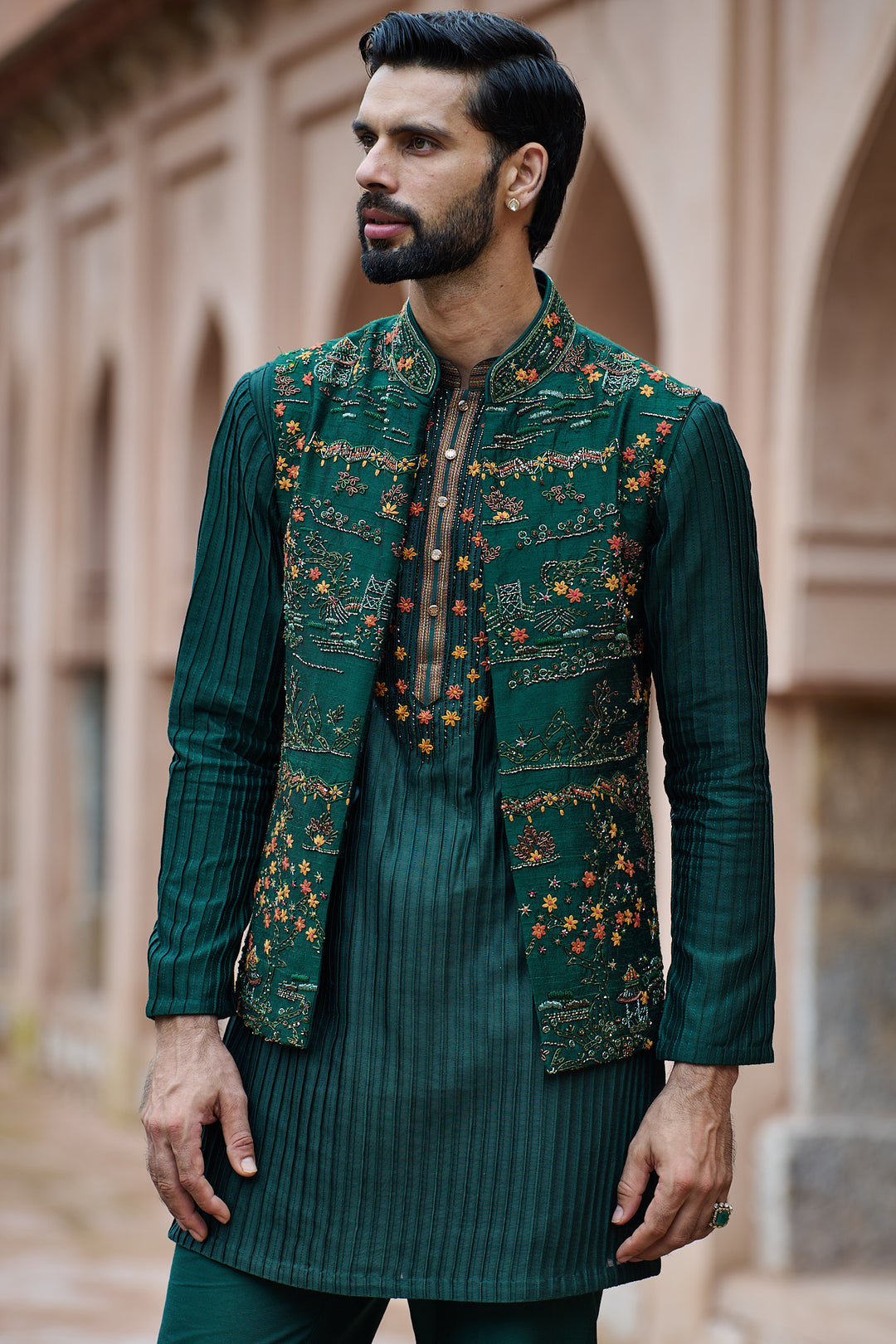 Cobalt Green Floral Raw Silk Bundi Kurta Set