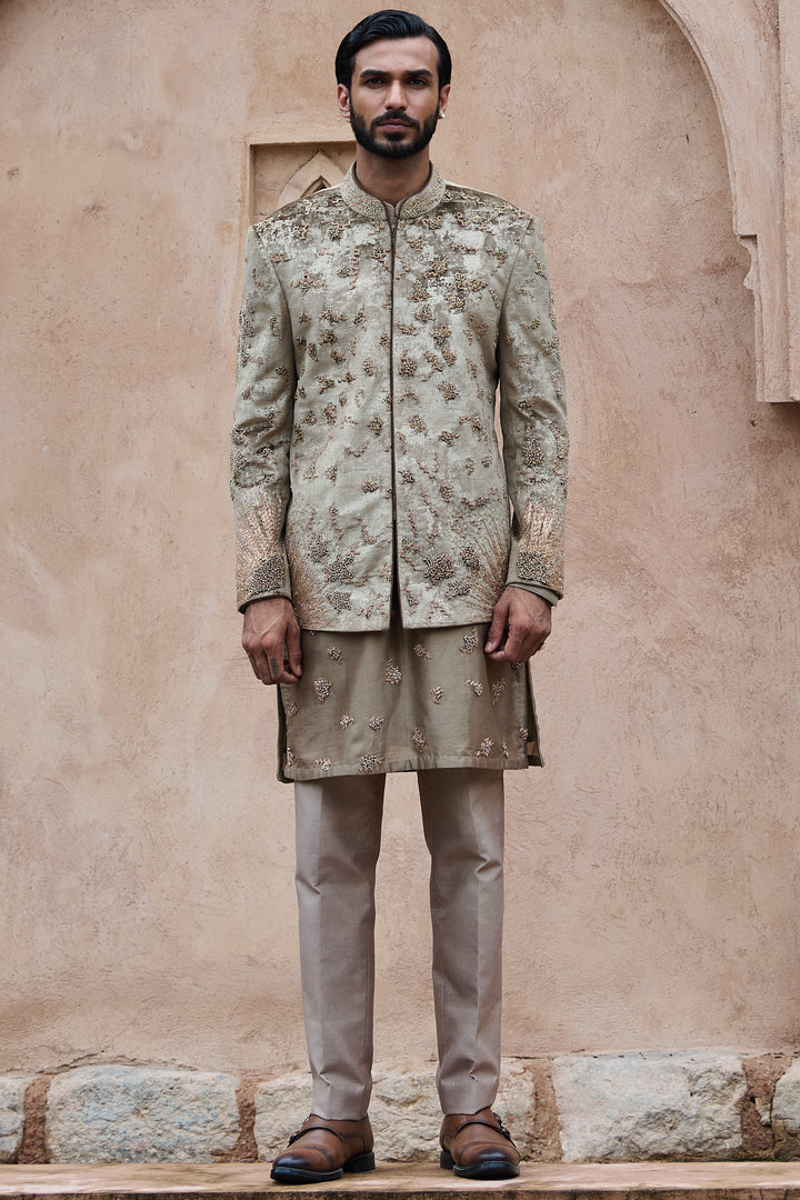 Natural Brown Velvet Embroidered Bandhgala Set