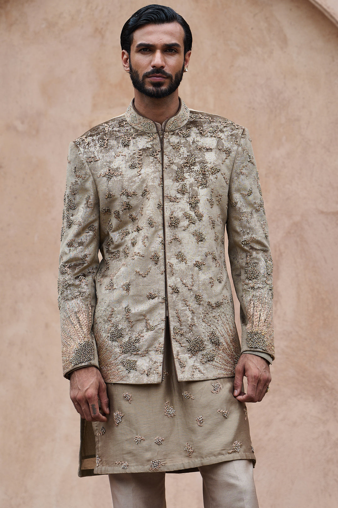 Natural Brown Velvet Embroidered Bandhgala Set