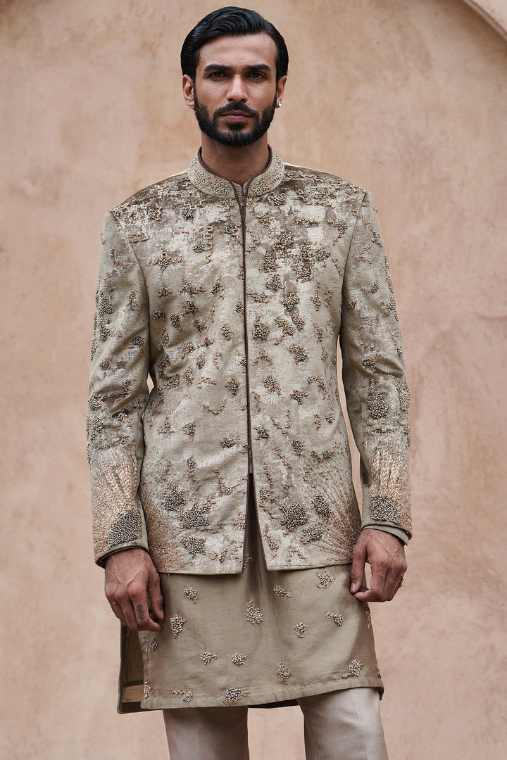 Natural Brown Velvet Embroidered Bandhgala Set