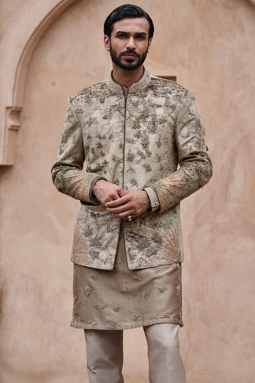 Natural Brown Velvet Embroidered Bandhgala Set