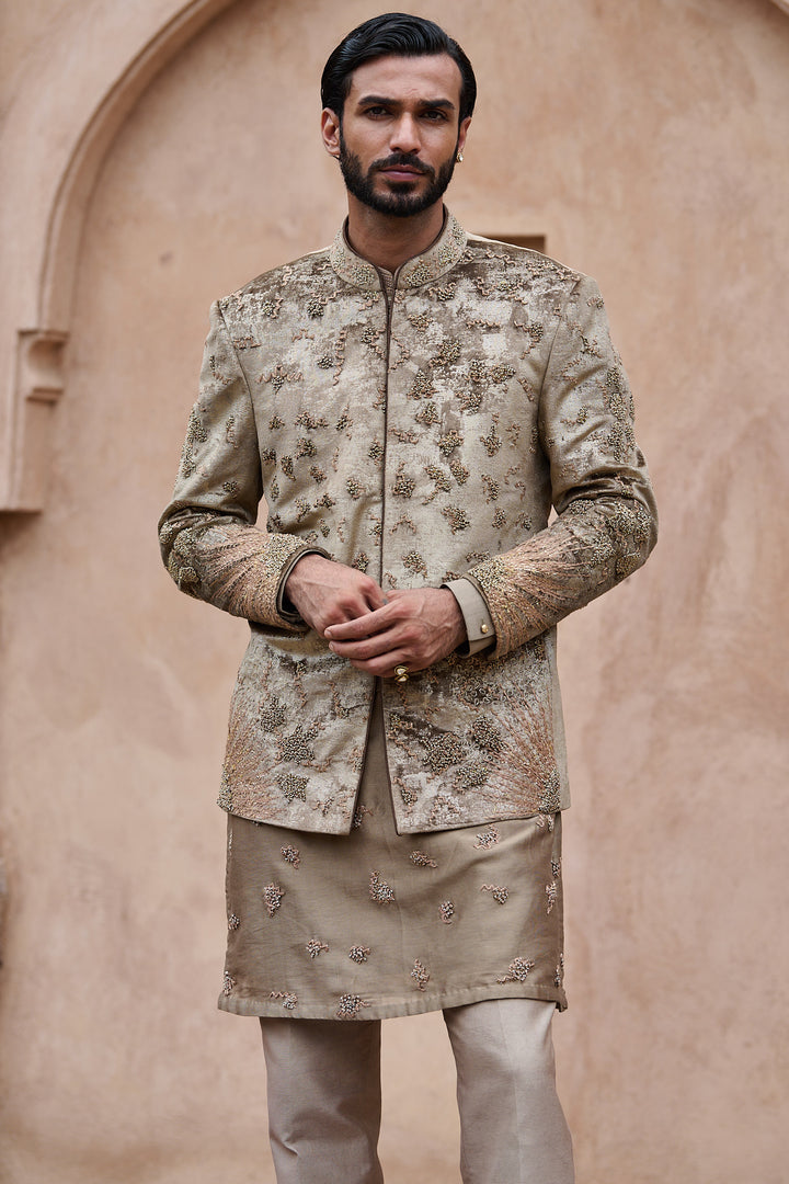 Natural Brown Velvet Embroidered Bandhgala Set