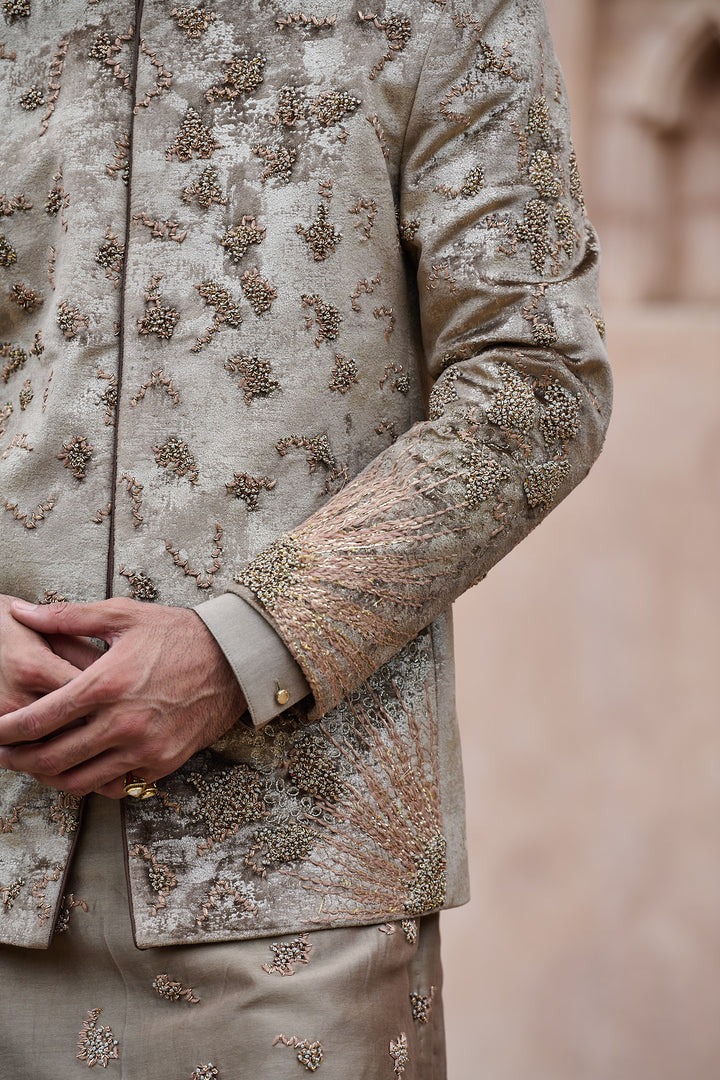 Natural Brown Velvet Embroidered Bandhgala Set