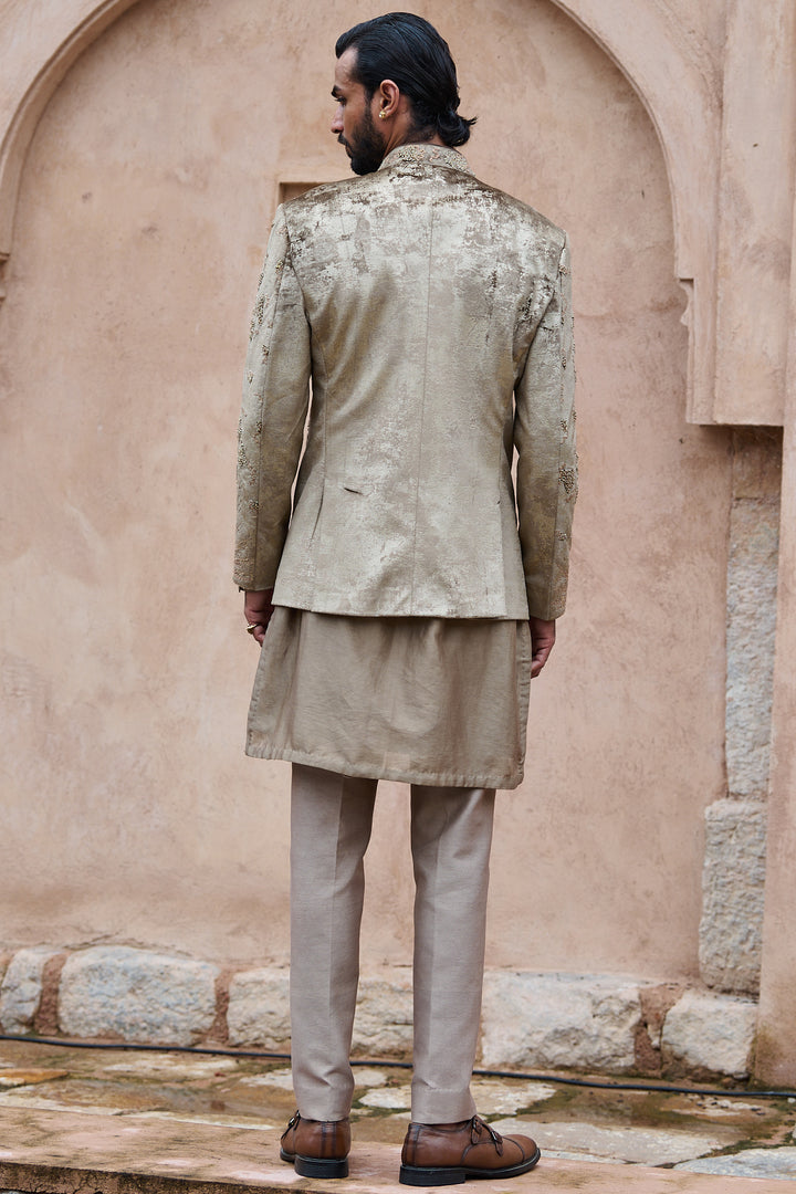 Natural Brown Velvet Embroidered Bandhgala Set