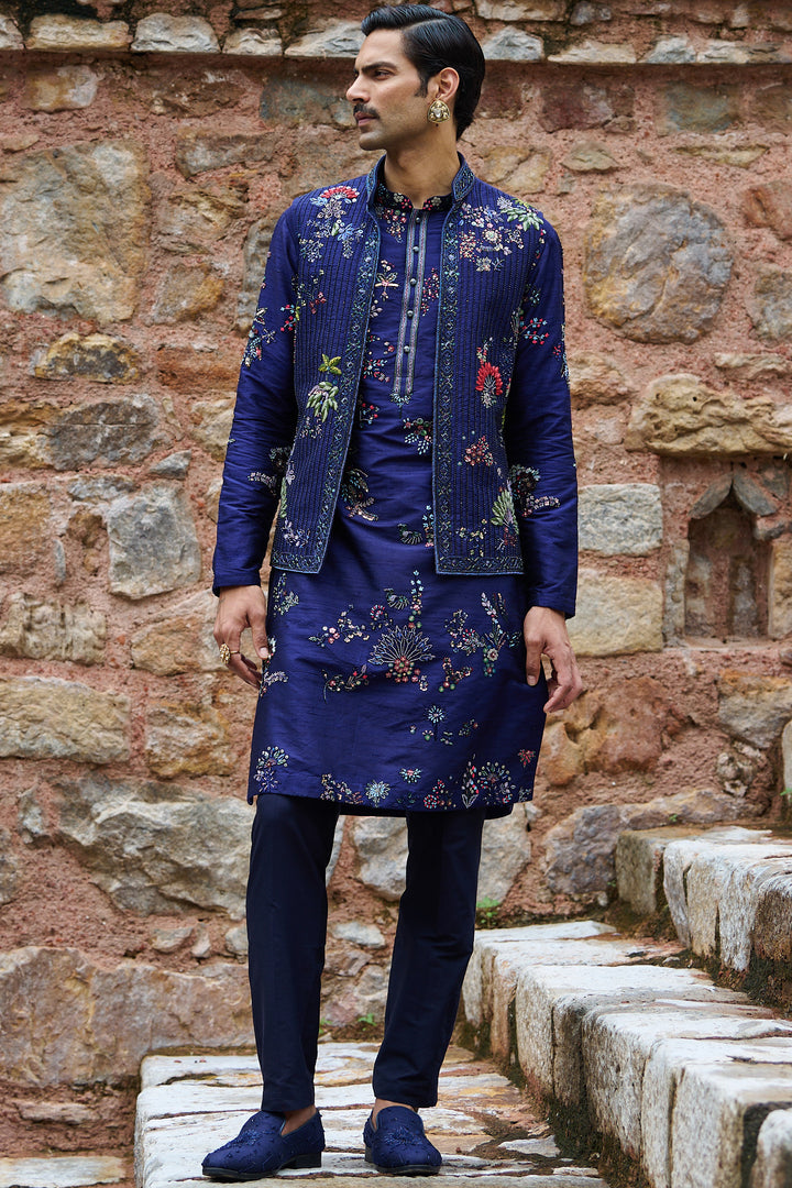 Midnight Floral Embroidered Bundi Kurta Set