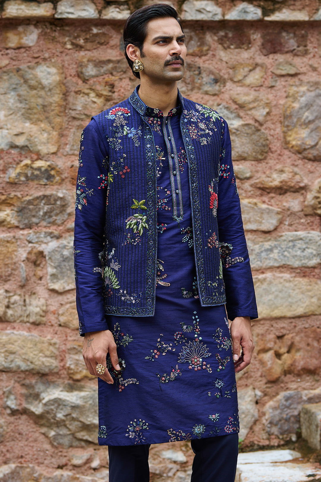 Midnight Floral Embroidered Bundi Kurta Set