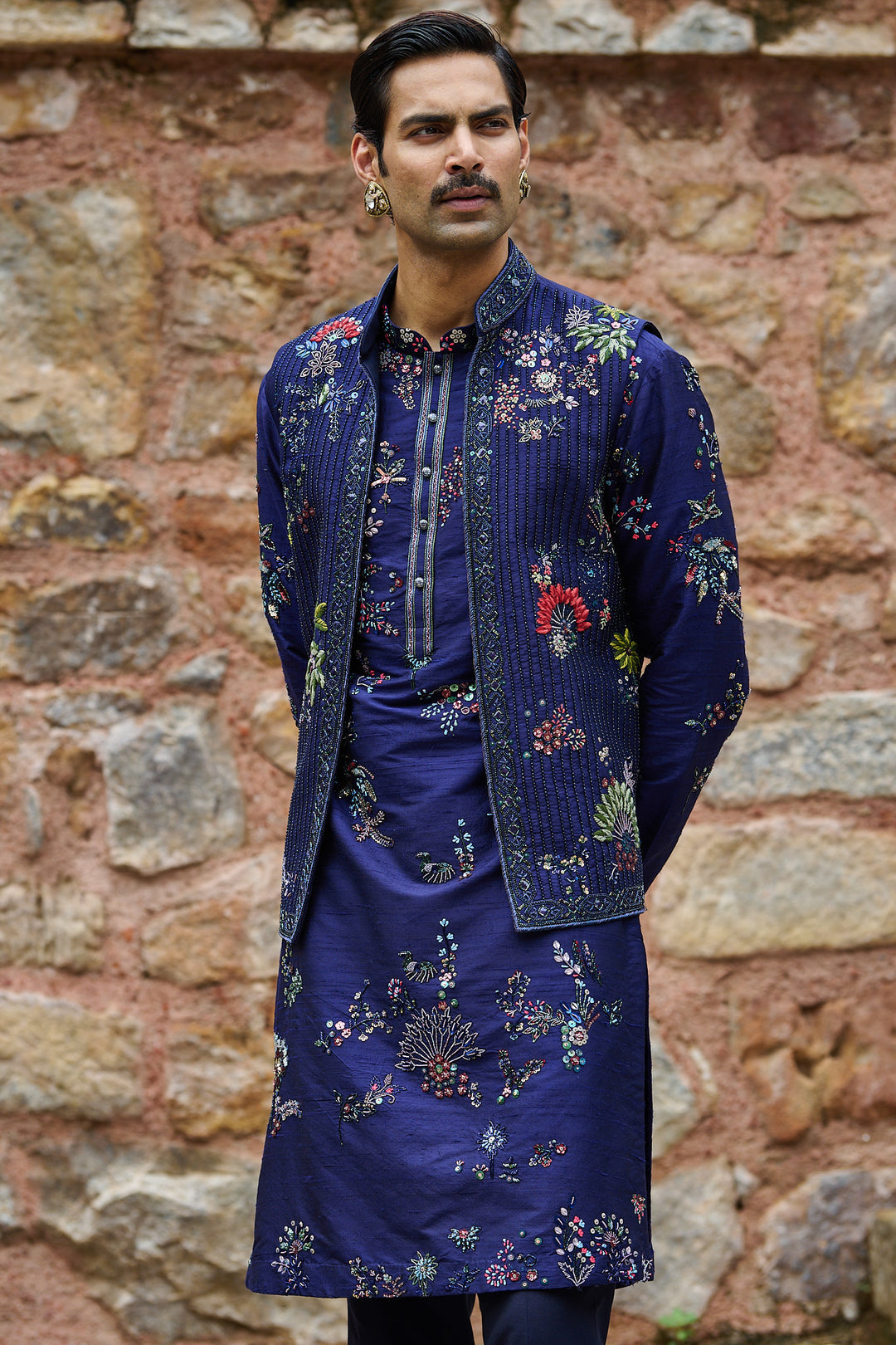 Midnight Floral Embroidered Bundi Kurta Set