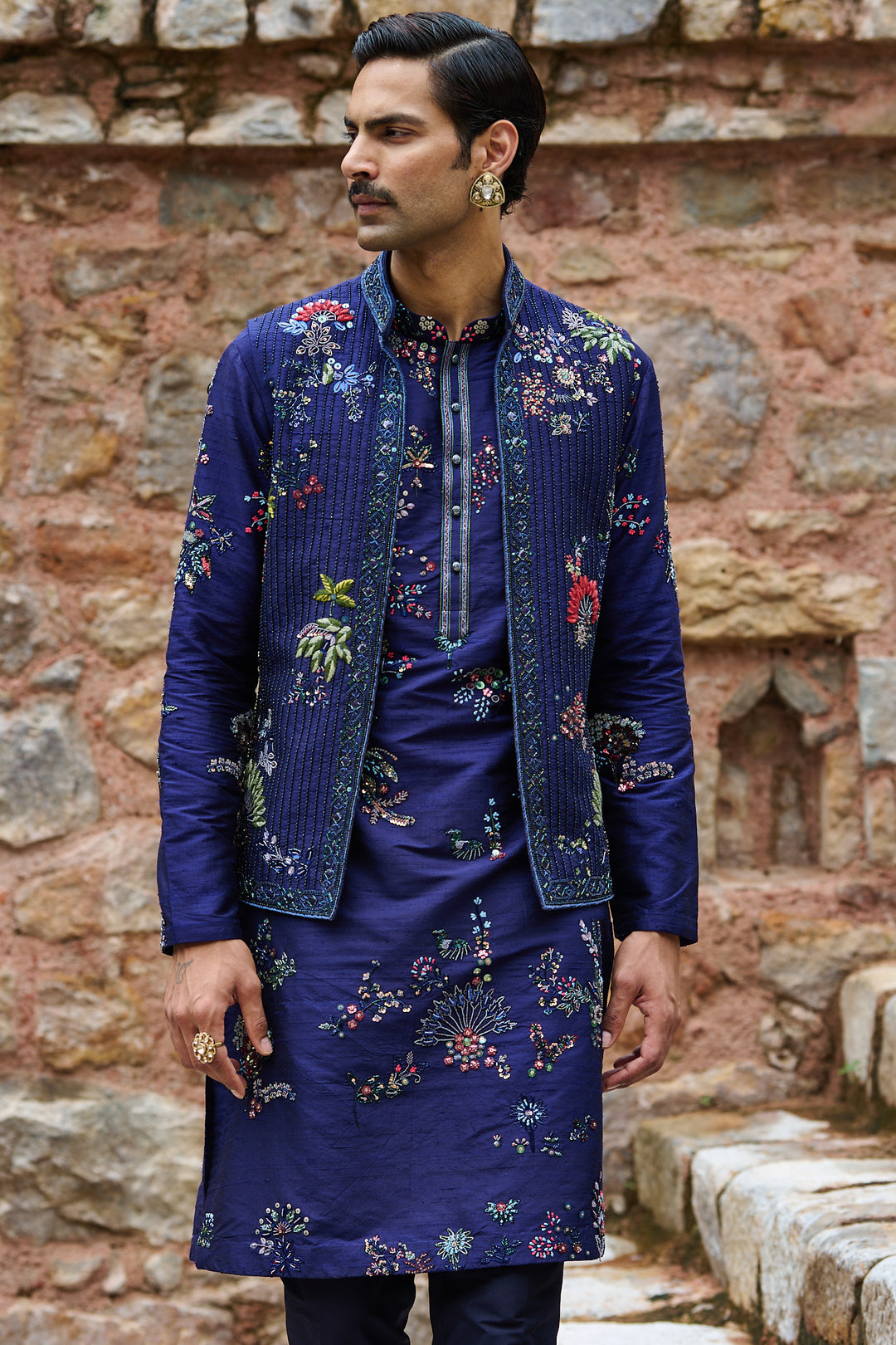 Midnight Floral Embroidered Bundi Kurta Set