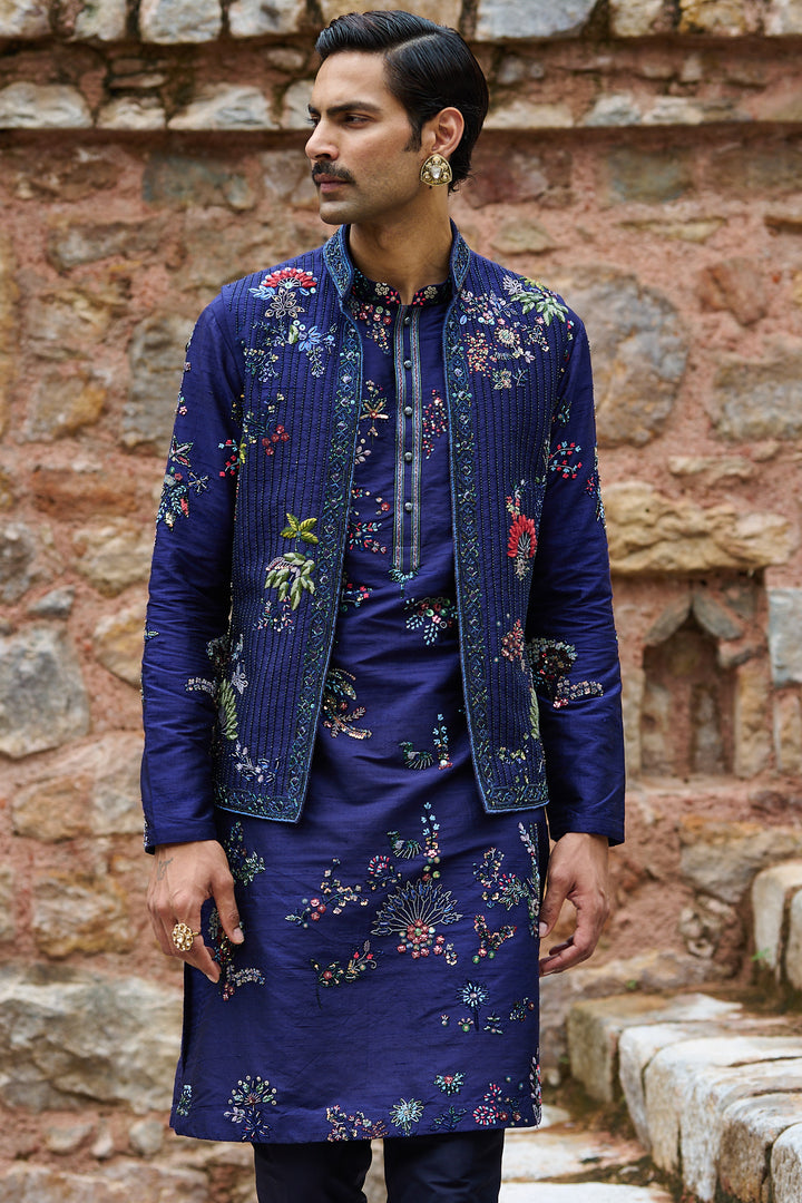Midnight Floral Embroidered Bundi Kurta Set