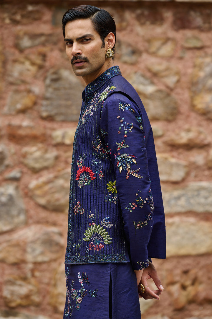 Midnight Floral Embroidered Bundi Kurta Set