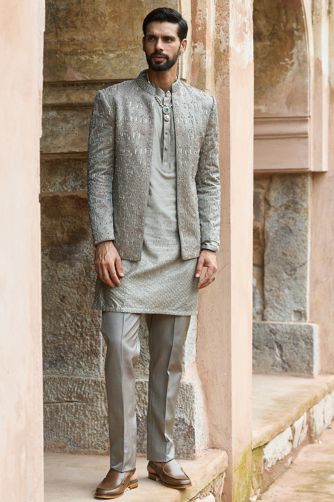 Grey Satin Silk Embroidered Bandhgala Set