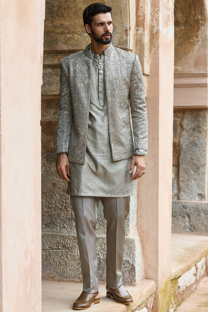 Grey Satin Silk Embroidered Bandhgala Set