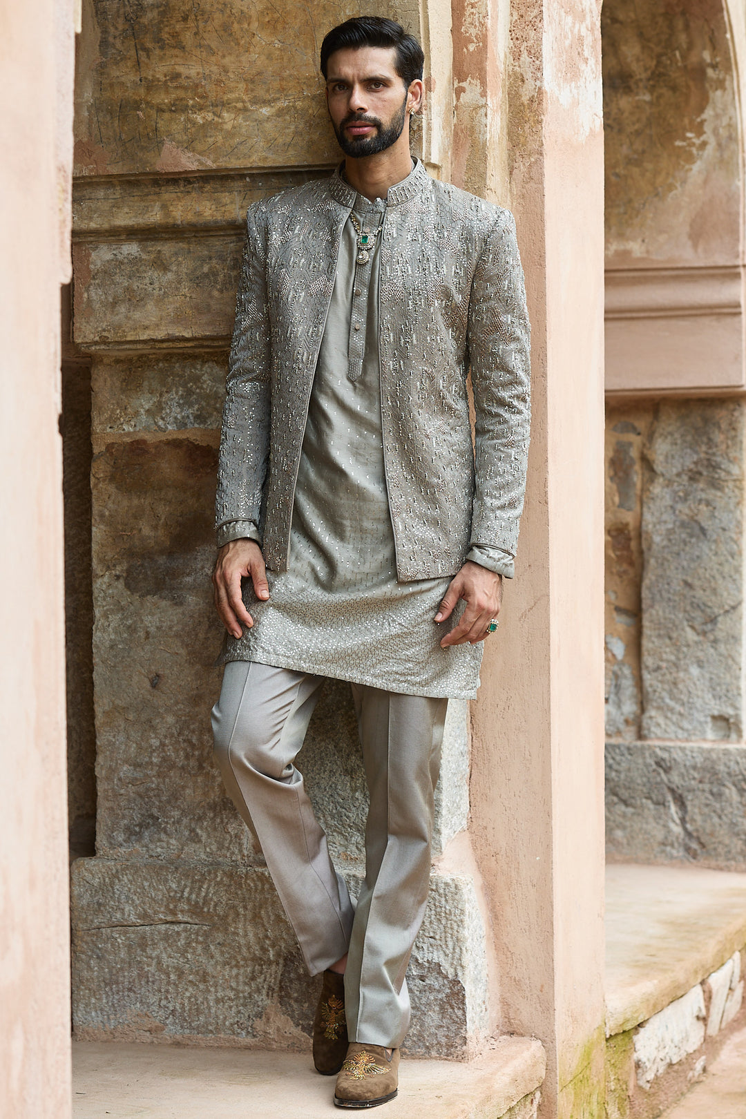 Grey Satin Silk Embroidered Bandhgala Set