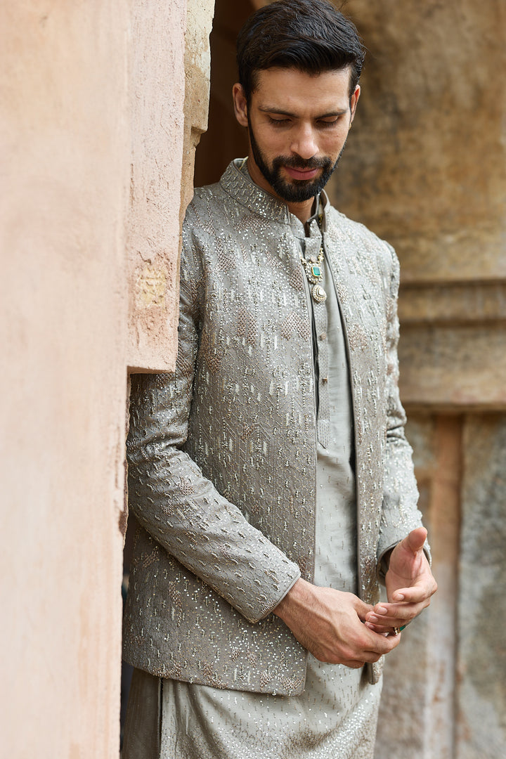 Grey Satin Silk Embroidered Bandhgala Set