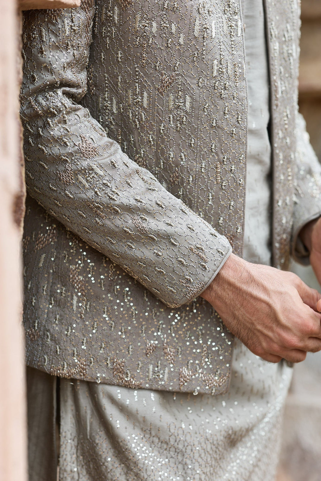 Grey Satin Silk Embroidered Bandhgala Set