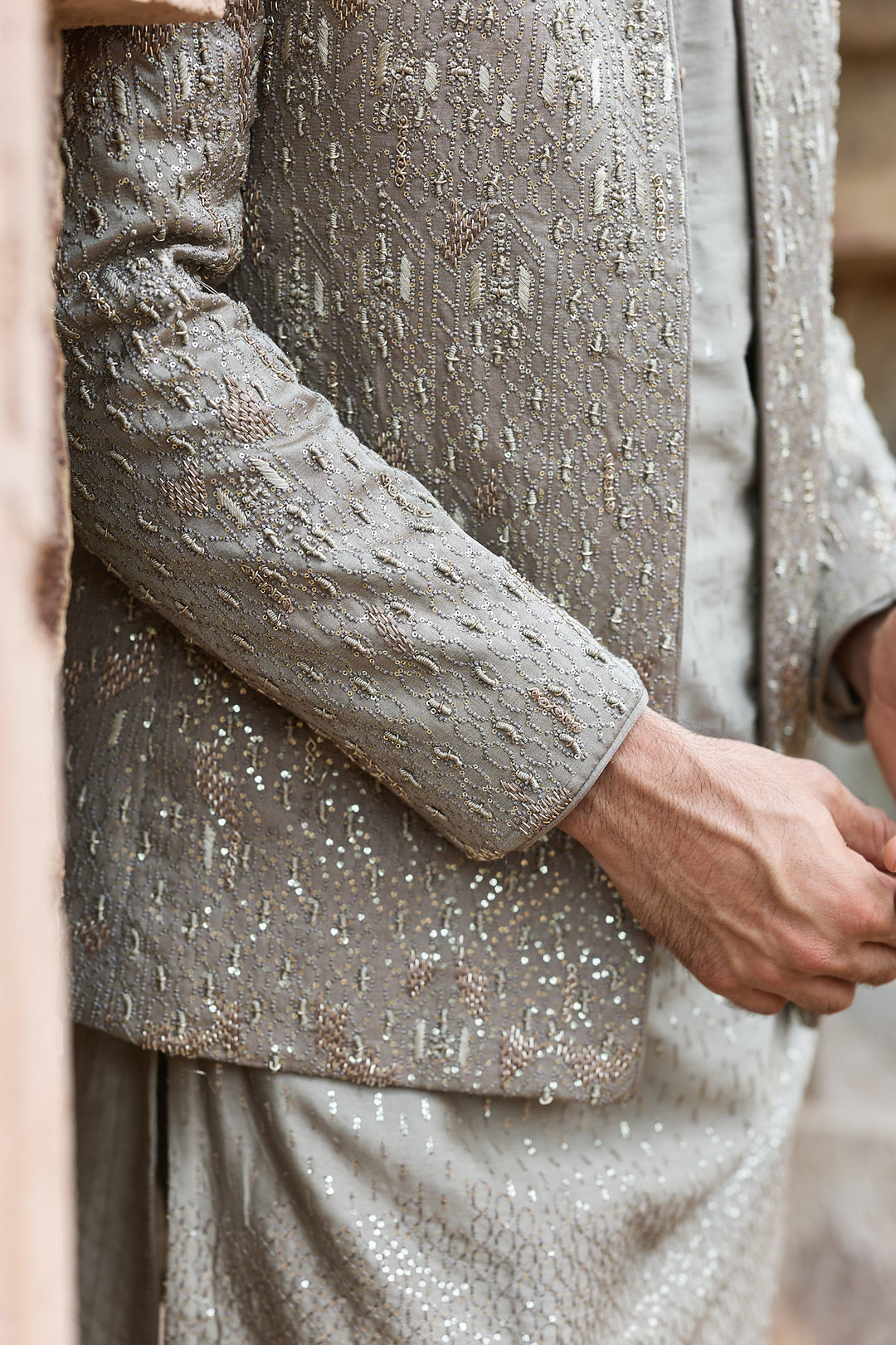 Grey Satin Silk Embroidered Bandhgala Set