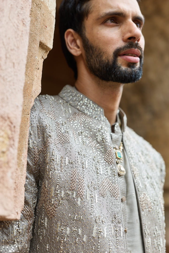 Grey Satin Silk Embroidered Bandhgala Set