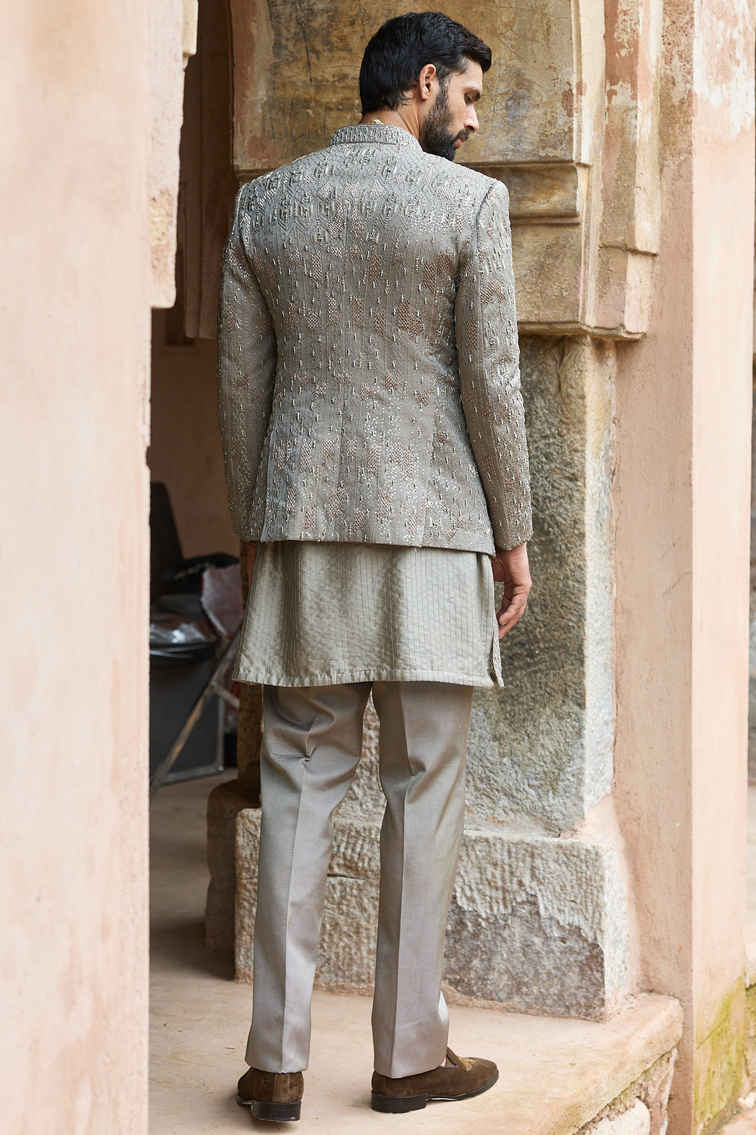 Grey Satin Silk Embroidered Bandhgala Set