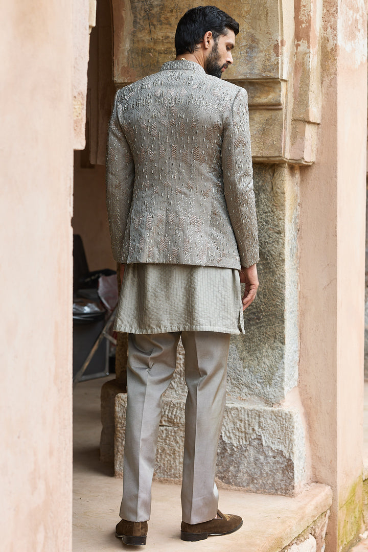 Grey Satin Silk Embroidered Bandhgala Set