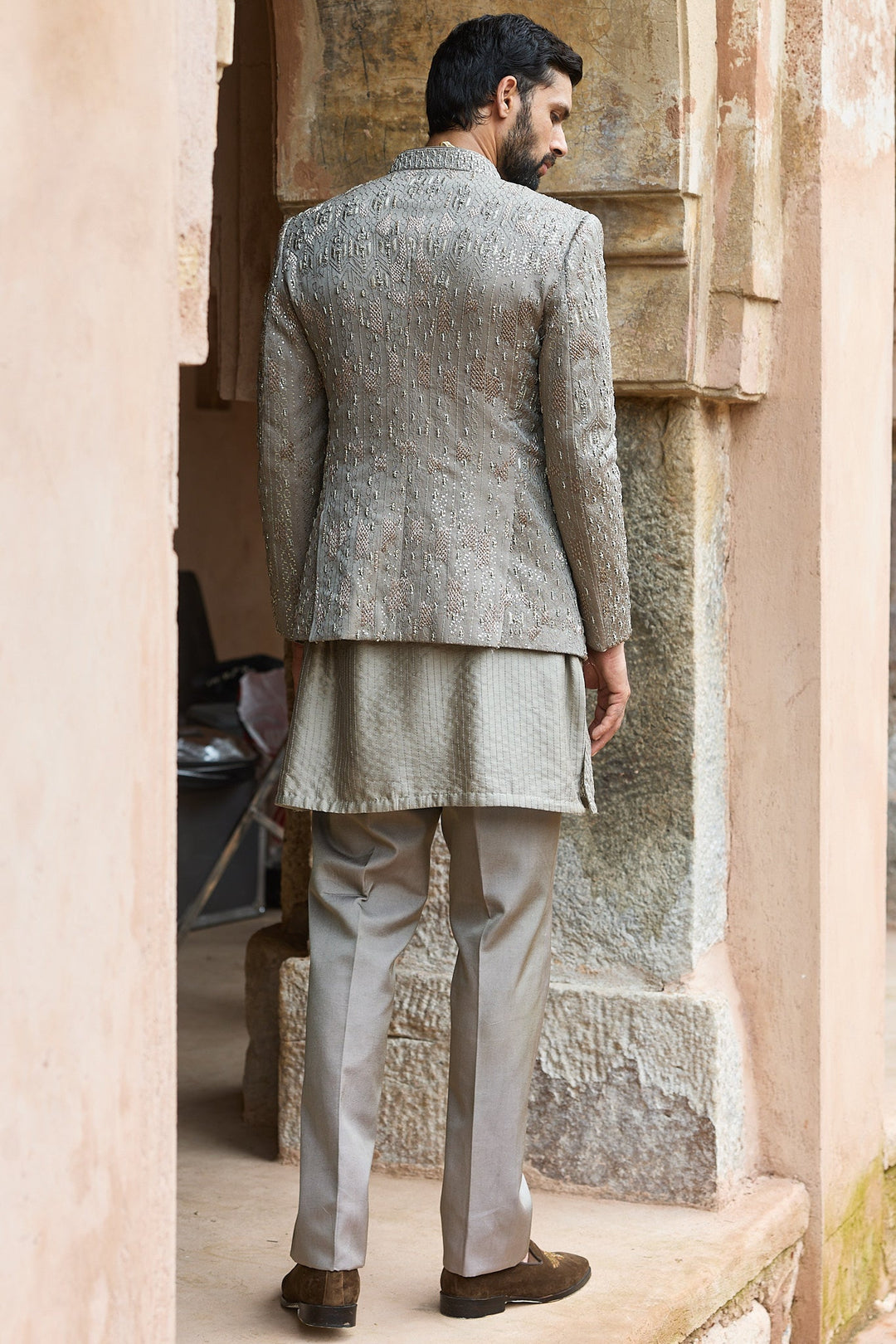 Grey Satin Silk Embroidered Bandhgala Set