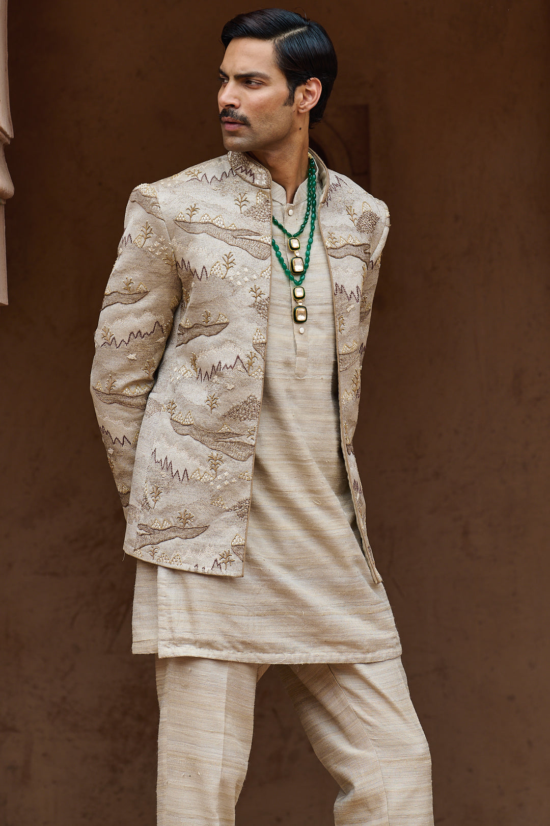 Dune Beige Scenic Open Bandhgala Set