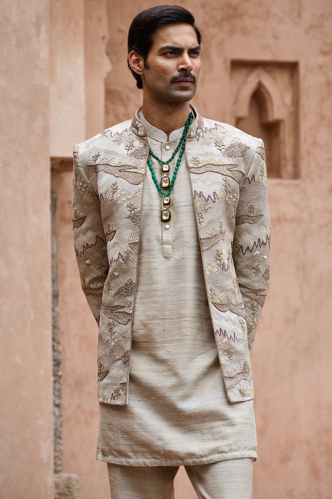 Dune Beige Scenic Open Bandhgala Set