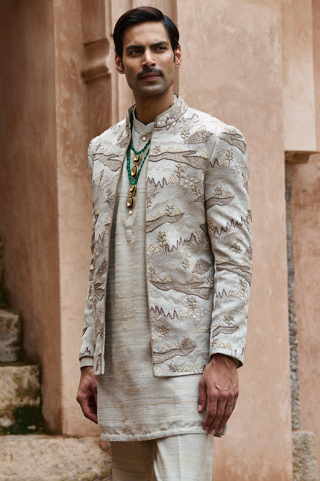 Dune Beige Scenic Open Bandhgala Set