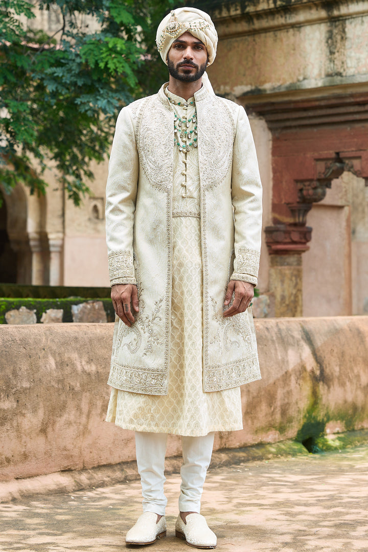 Créme Jacquard Anarkali Sherwani Set