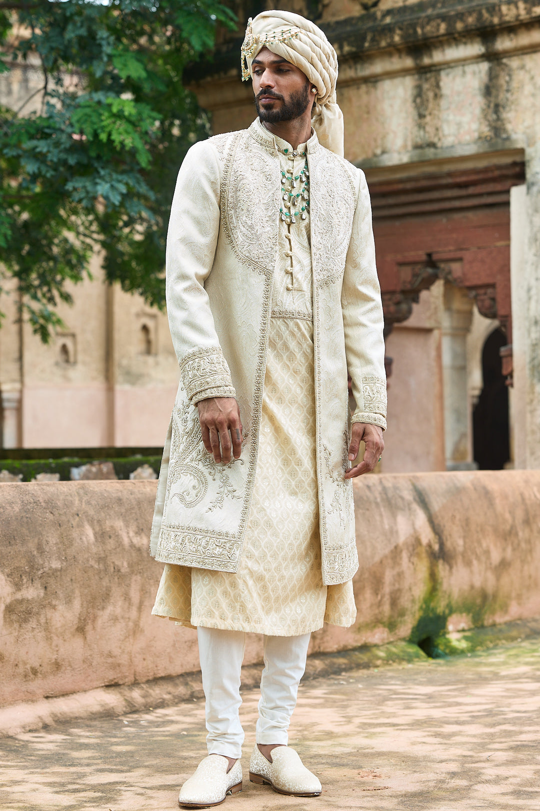Créme Jacquard Anarkali Sherwani Set
