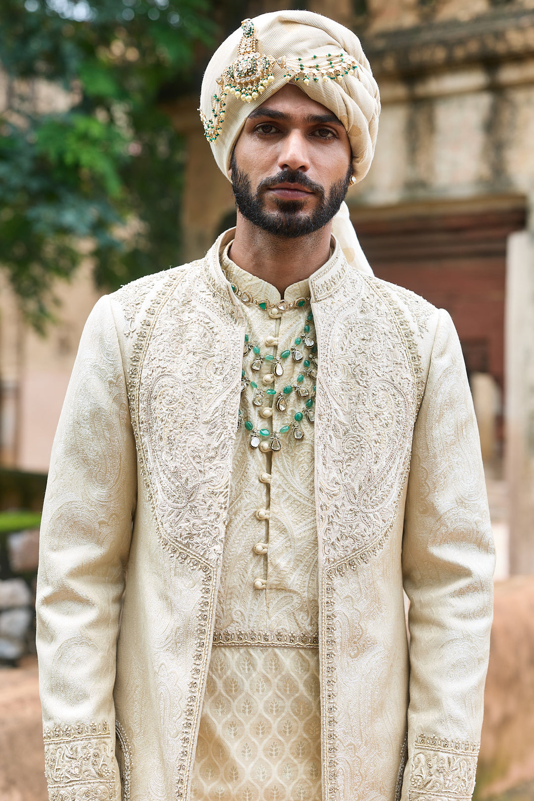 Créme Jacquard Anarkali Sherwani Set
