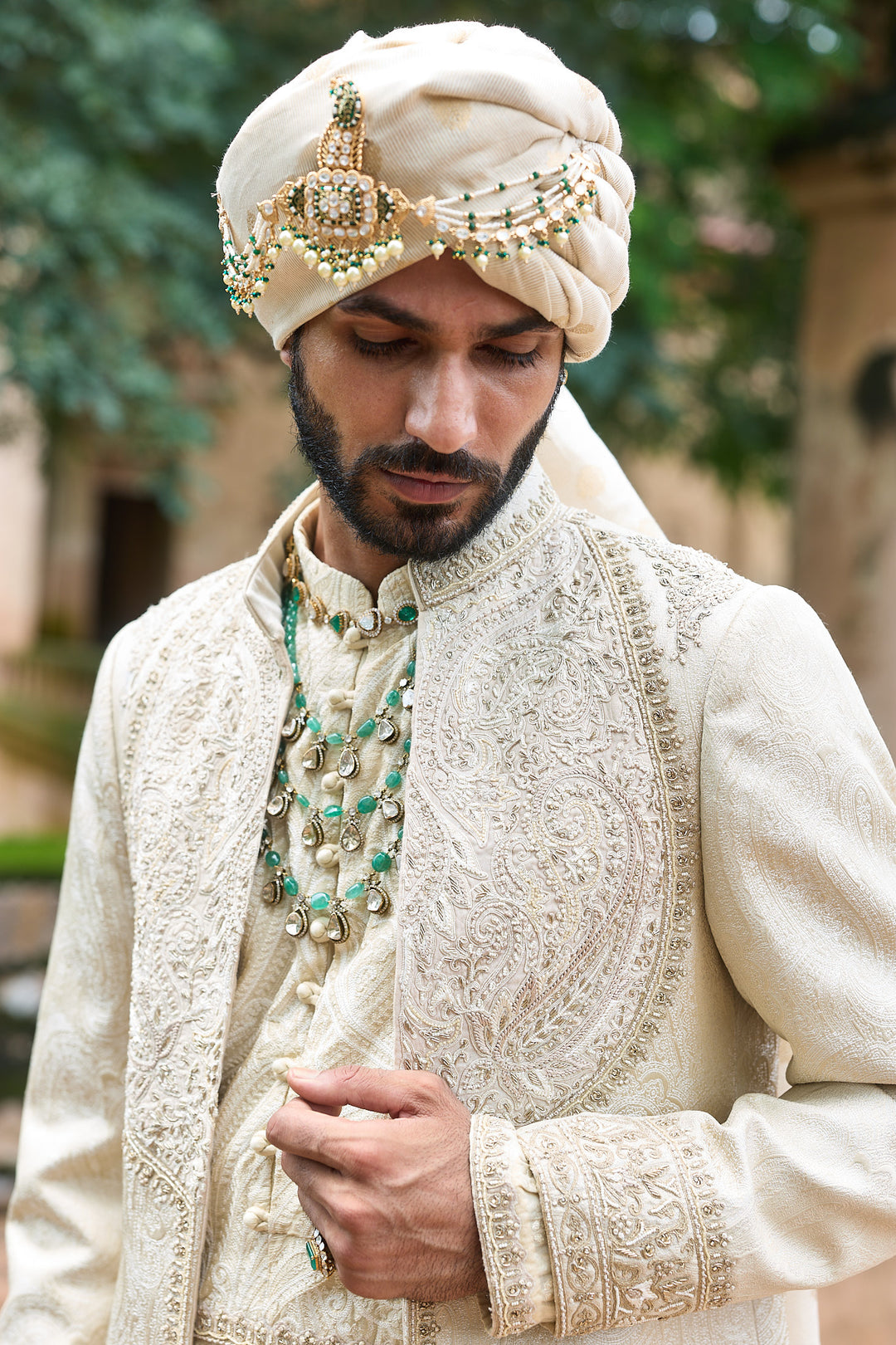 Créme Jacquard Anarkali Sherwani Set
