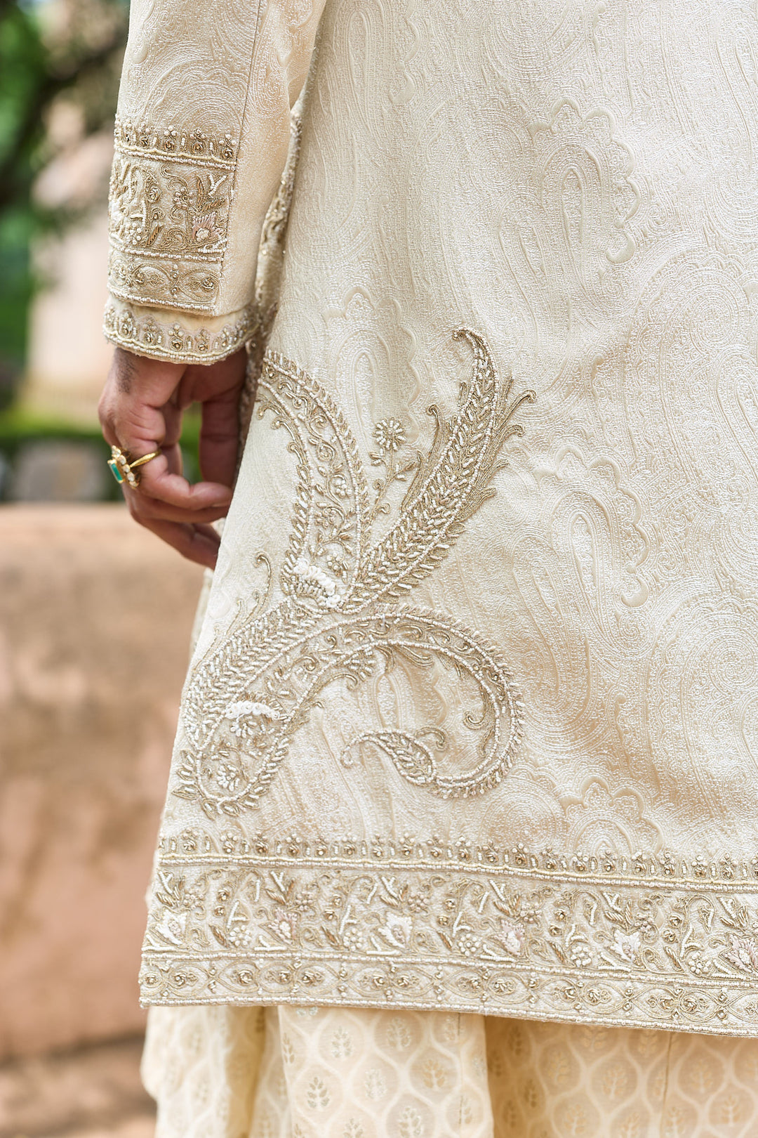 Créme Jacquard Anarkali Sherwani Set