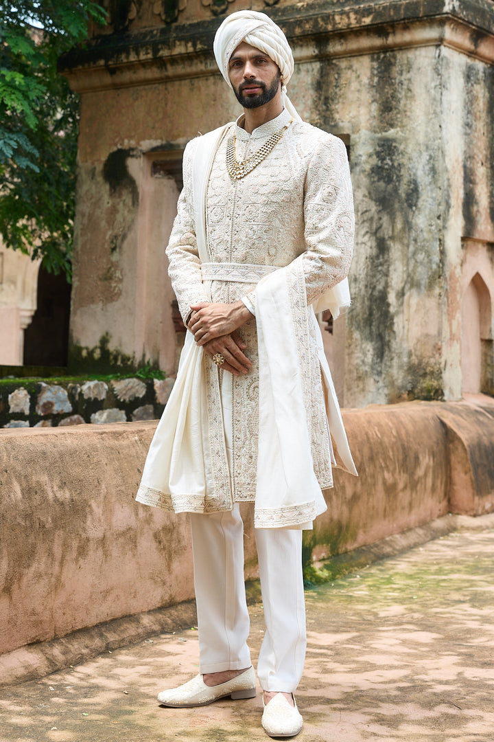 Ivory Pink Raw Silk Embroidered Sherwani Set